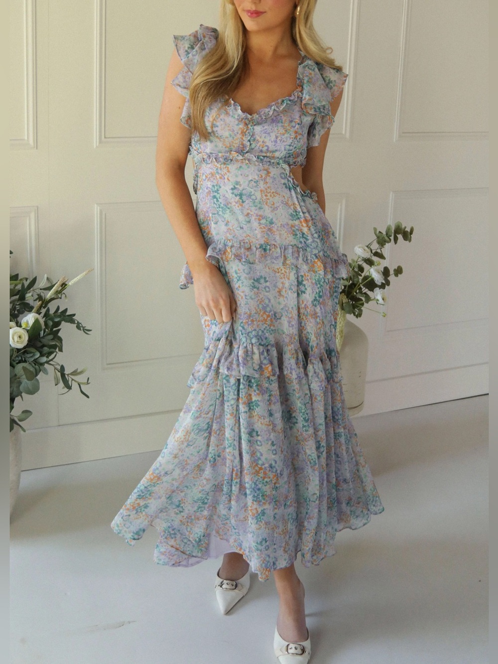 NWT ASTR The Label Mable Floral Tiered Ruffle Maxi Dress Lilac Women’s Medium